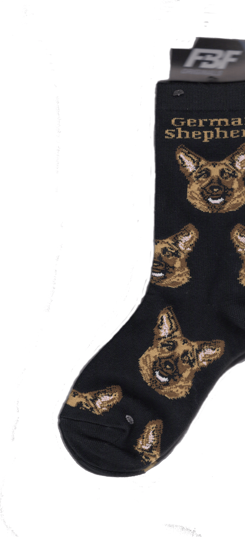 FBF German Shepherd Head Sock begins on a background of Black. Under the Cuff reads, "German Shepherd" in Bold Brown print.  Then begins the Happy Face of a German Shepherd Front. The Head is made up of Fawn, Chocolate and Russet to blend his fur. Black is for outlining his Nose, Mouth and Ears. His Ears and Mouth are a mixture of Almond and White..