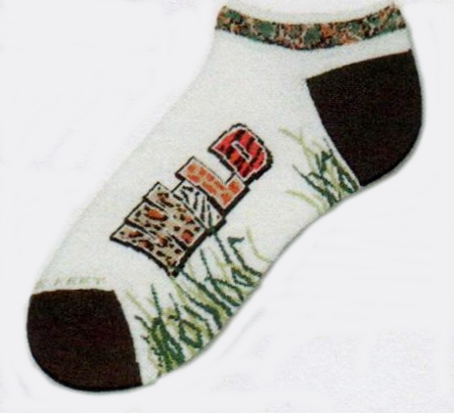 FBF Wild No Show Sock has a Jungle Animal Motif on the Cuff and in the word WILD. Heels and Toes are Black. Tall Green Grass at the instep. 