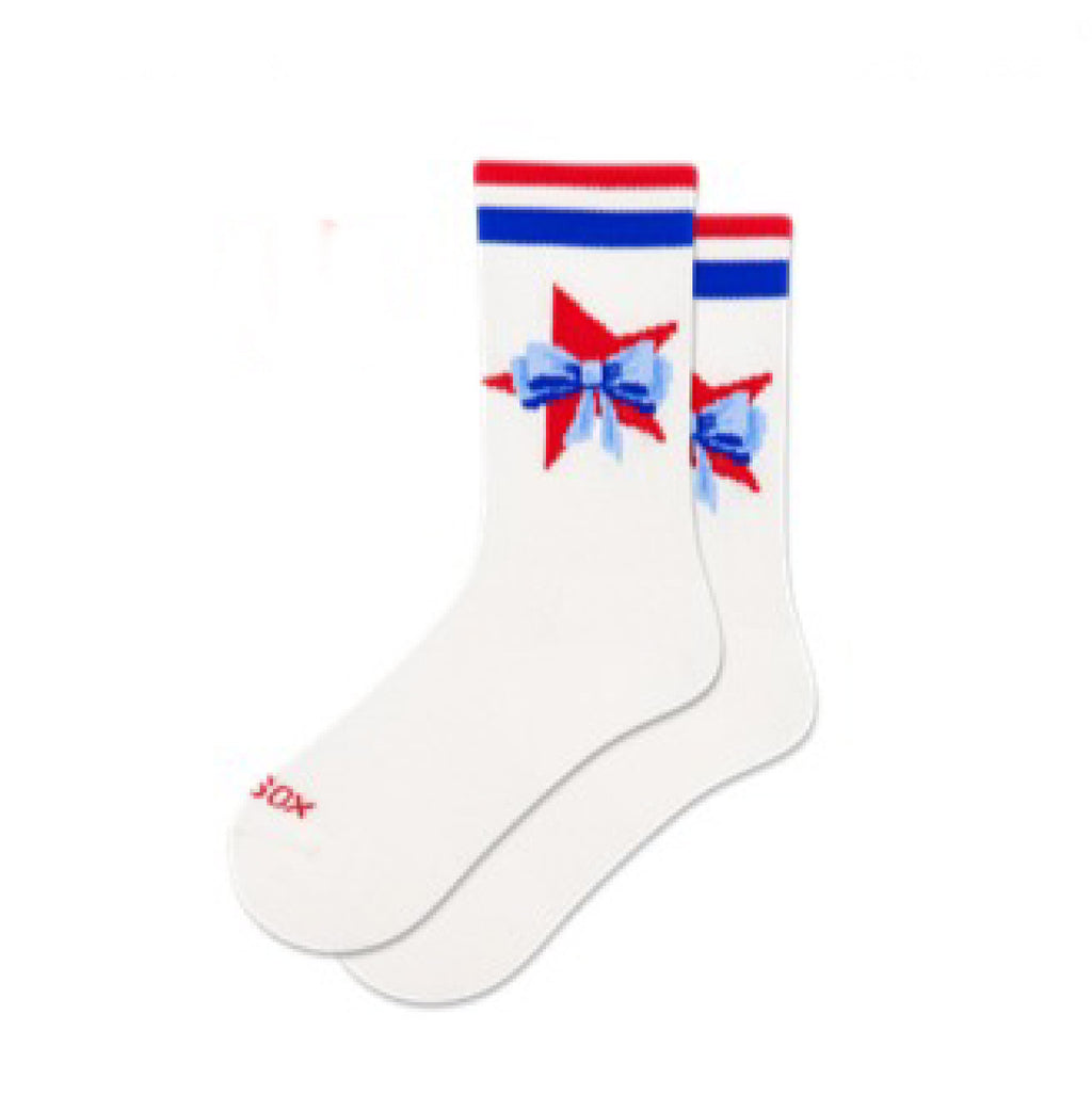 White sock with red, blue, and white Star and Bow on a white background