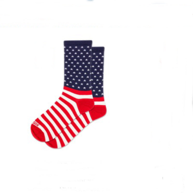 American flag-themed socks on a white background