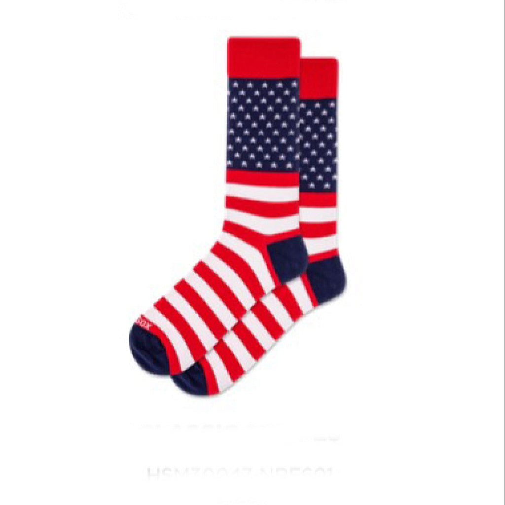 American flag-themed sock on a white background