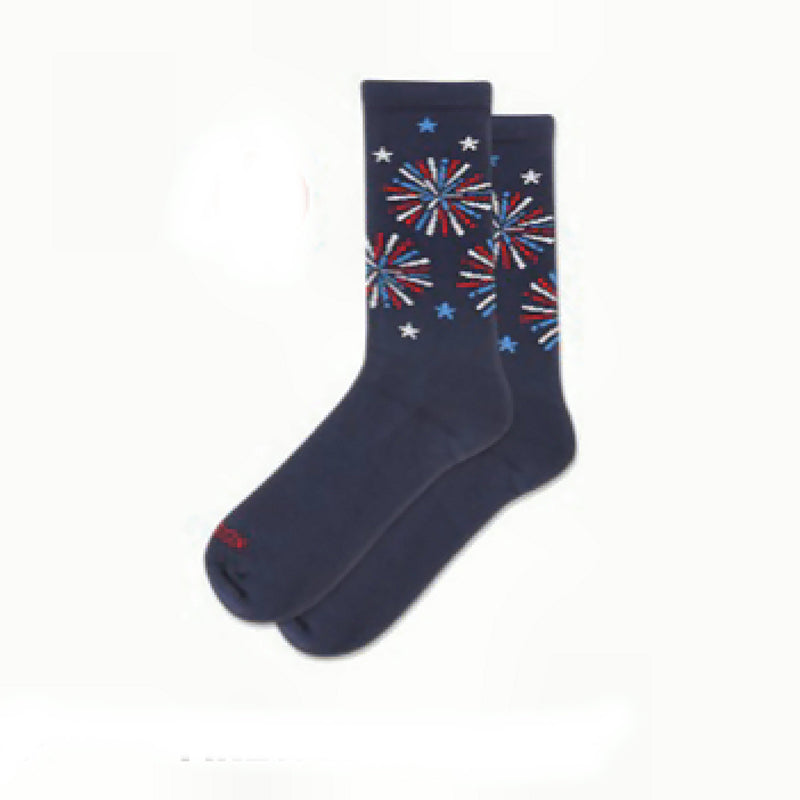 Navy socks with red, white, and blue fireworks and star designs on a white background