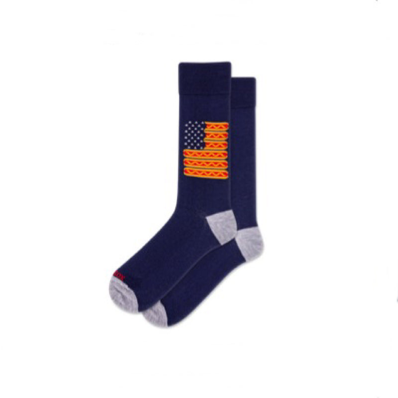 Navy blue socks with colorful Hot Dogs as American flag design on a white background
