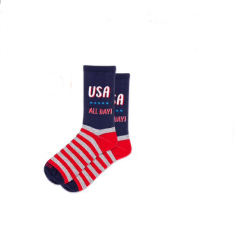 Pair of socks with 'USA All Day' text and American flag design on a white background