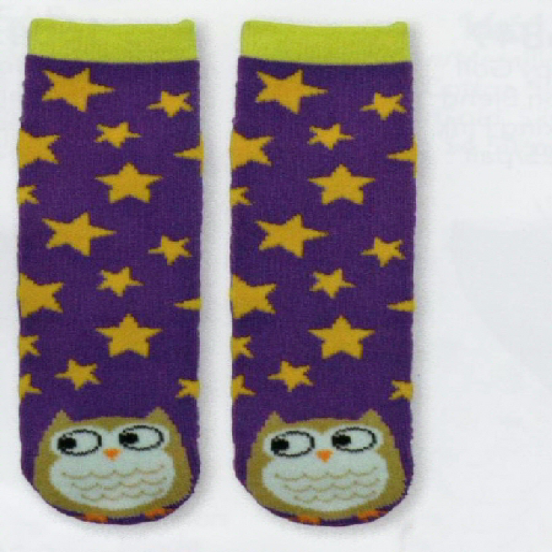 Kids Owl Tube Non-Skid Slipper Sock  Purple background, Gold Stars. The Owl is at the Toes. 