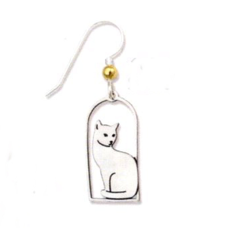 Earring with a Silver Cat floating in the Center which looks like a window  on a  White background