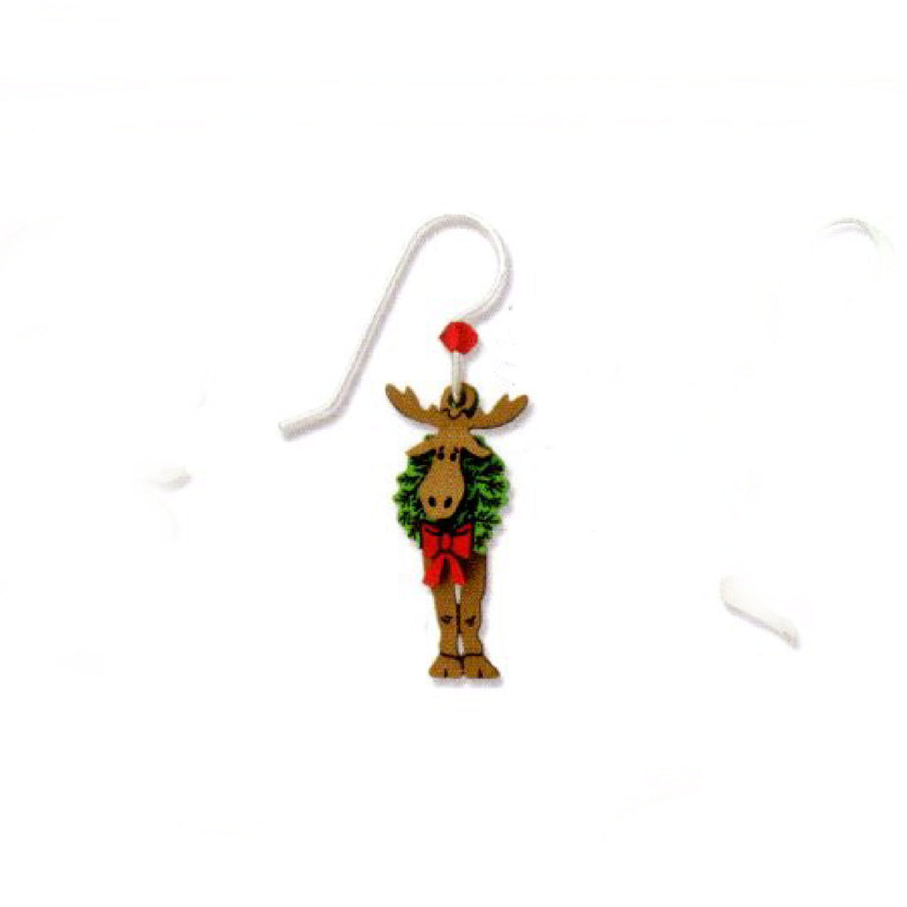 Christmas Moose Earring with a wreath on a white background