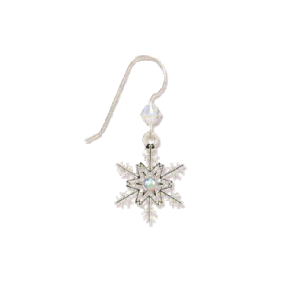 Silver snowflake earring with clear  blue gemstones on a white background 