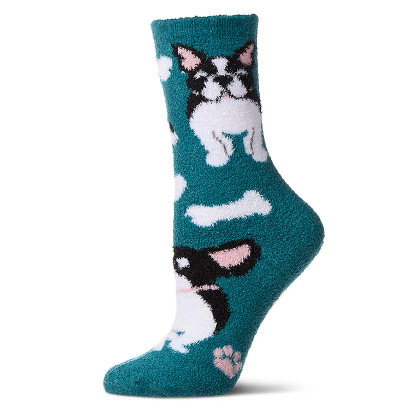 Teal sock with a dog design on a white background