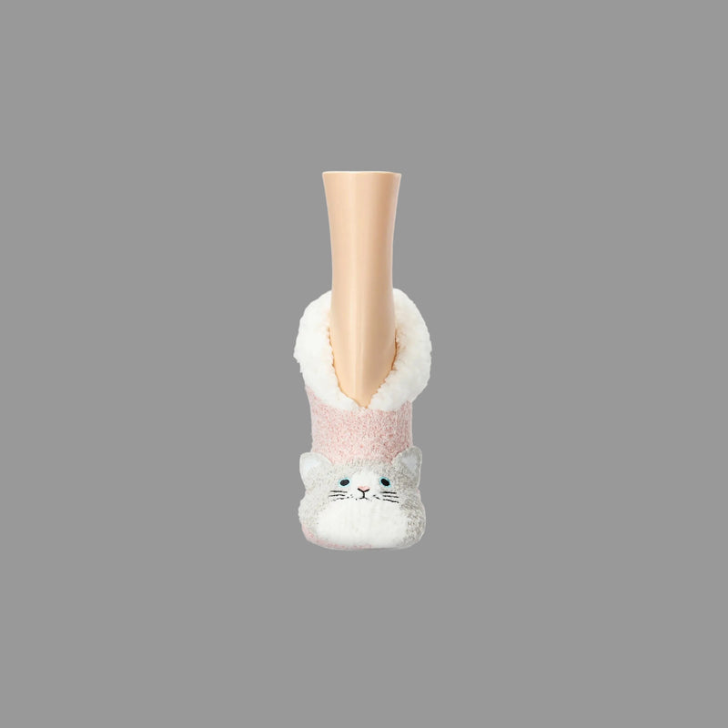 Cat-themed Slippers with White fur trim on a Grey background on Model