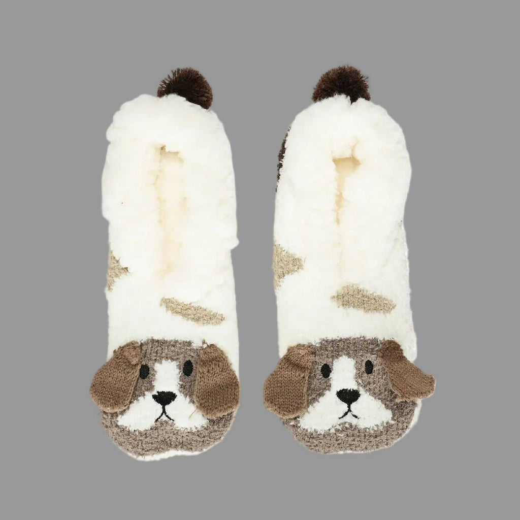Pair of dog-themed socks with fluffy texture on a gray background