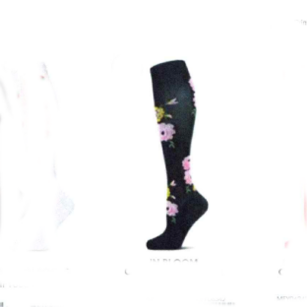 Black knee-high sock with floral design on a white background