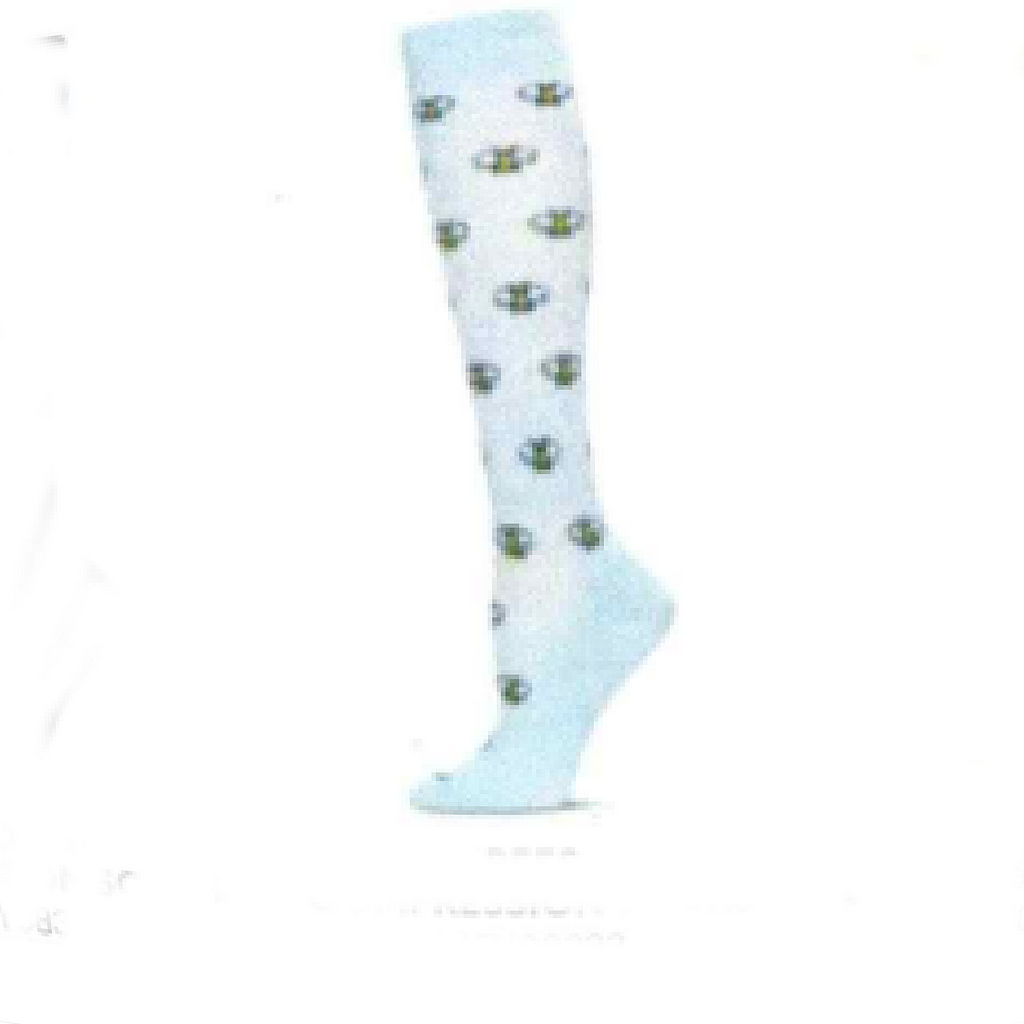 Light blue knee-high sock with Yellow  Bees pattern on a white background