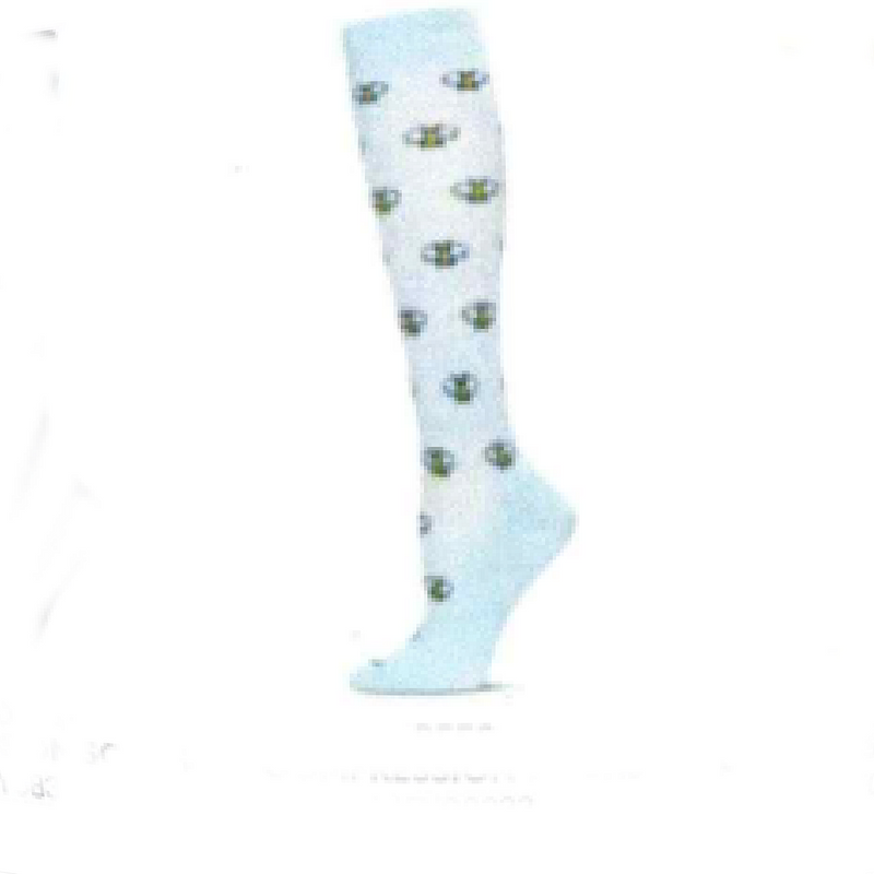 Light blue knee-high sock with Yellow  Bees pattern on a white background