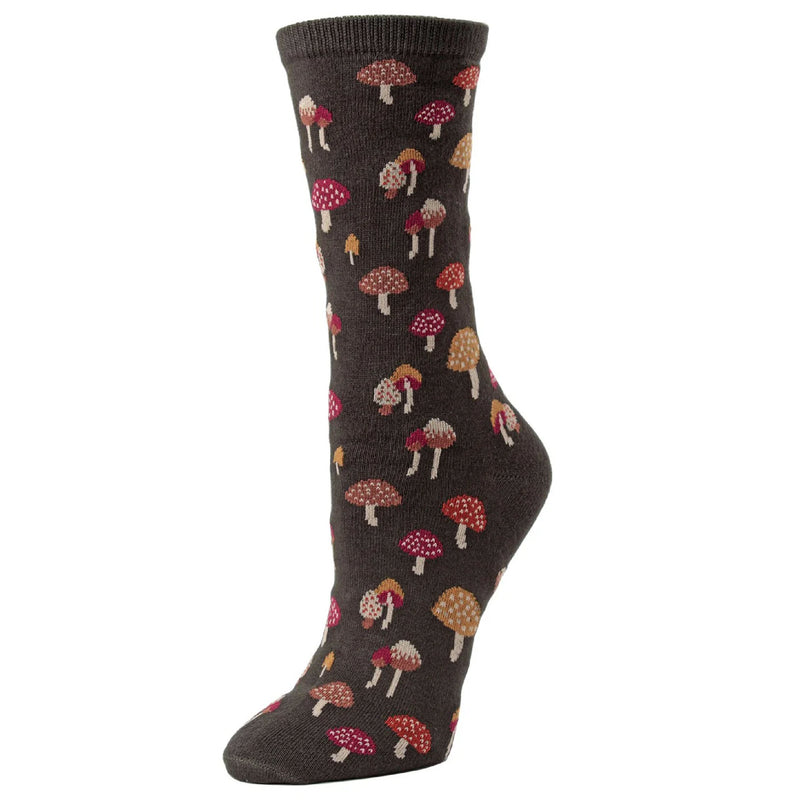 
Rosin (deep green brown) Sock with mushroom pattern on a white background