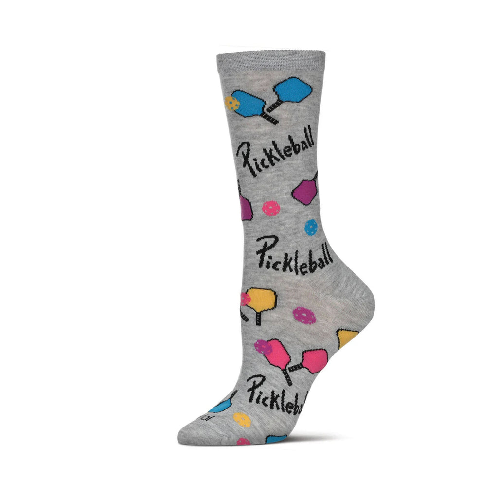Gray sock with pickleball-themed designs on a white background
