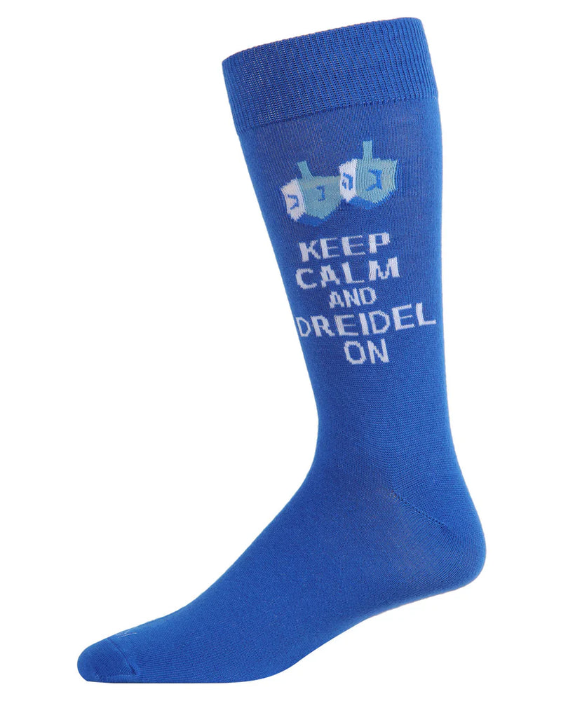 Blue sock with 'Keep Calm and Dreidel On' text and dreidel design on a white background