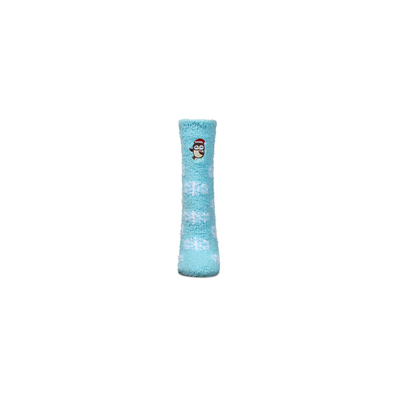 Blue sock with snowflake pattern and an Owl in Santa Hat on a white background