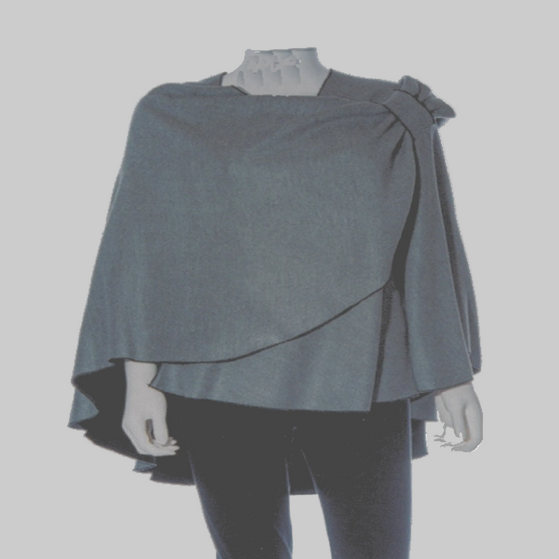 A slate blue-gray wrap cape top with a large side bow through the Buckle, displayed on a headless mannequin torso against a plain white background.