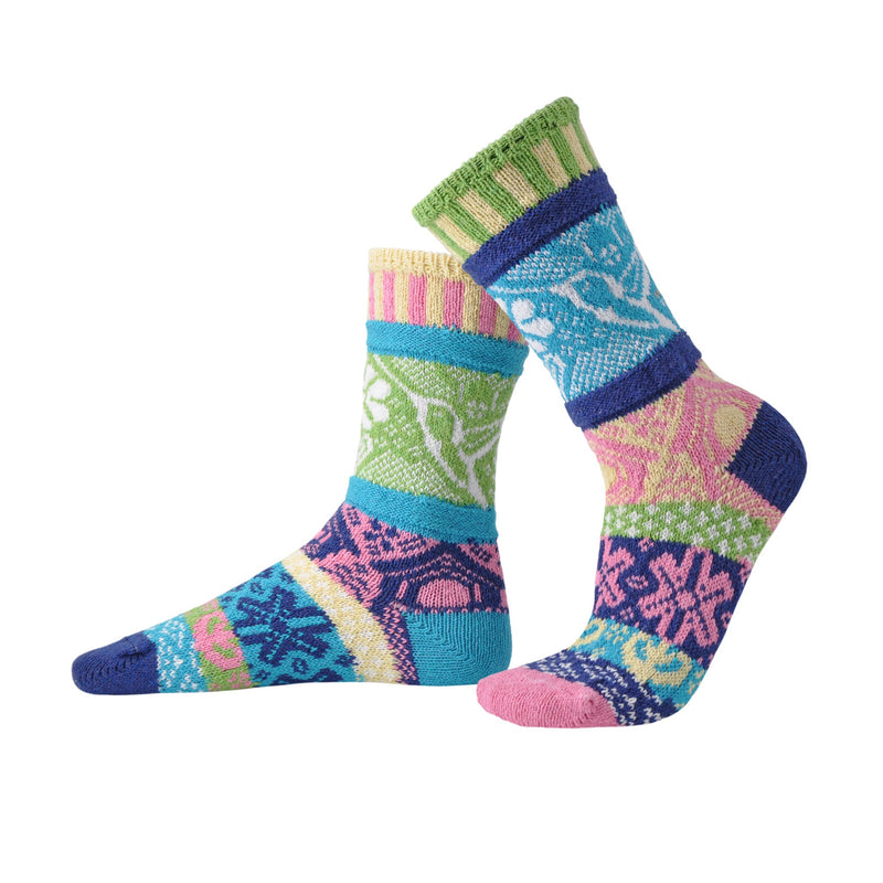 Hummingbird and Flower patterns on Sock showing on a White background.