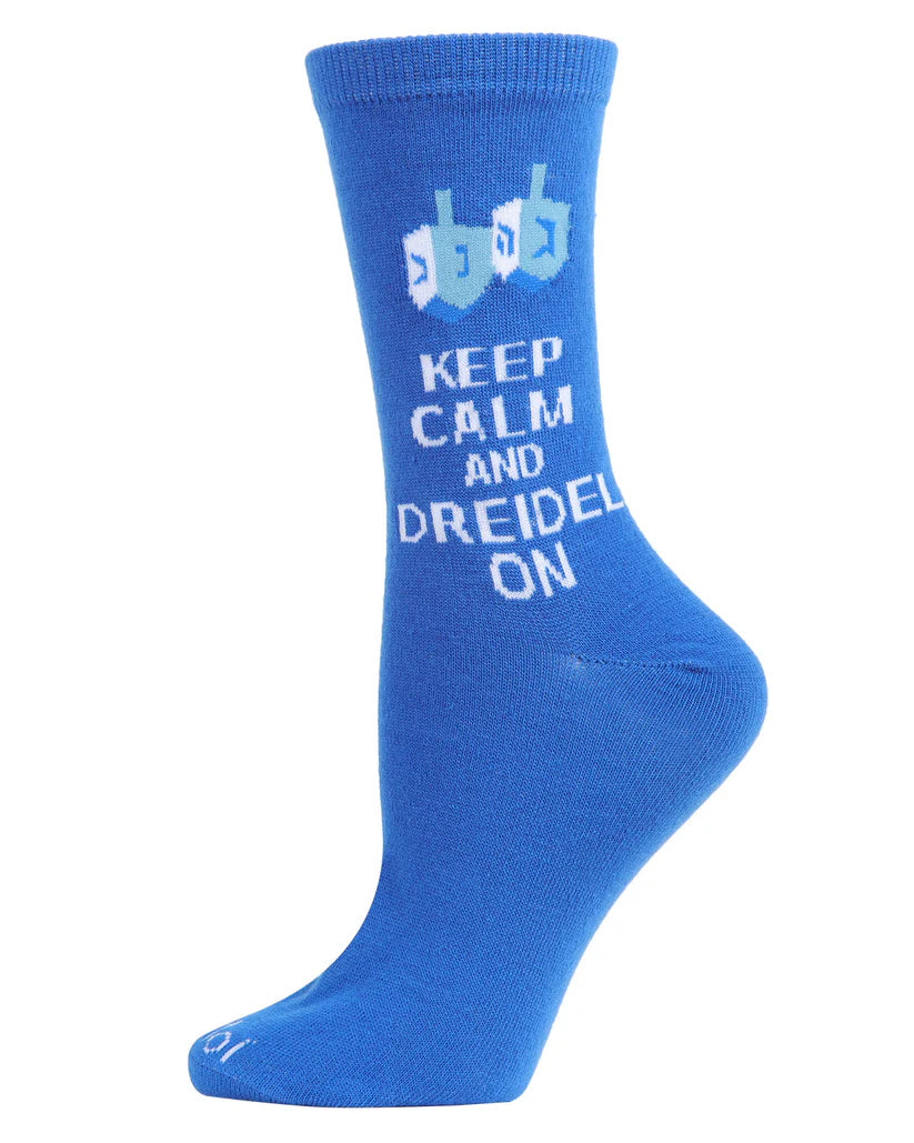 Blue sock with 'Keep Calm and Dreidel On' text and dreidel design on a white background