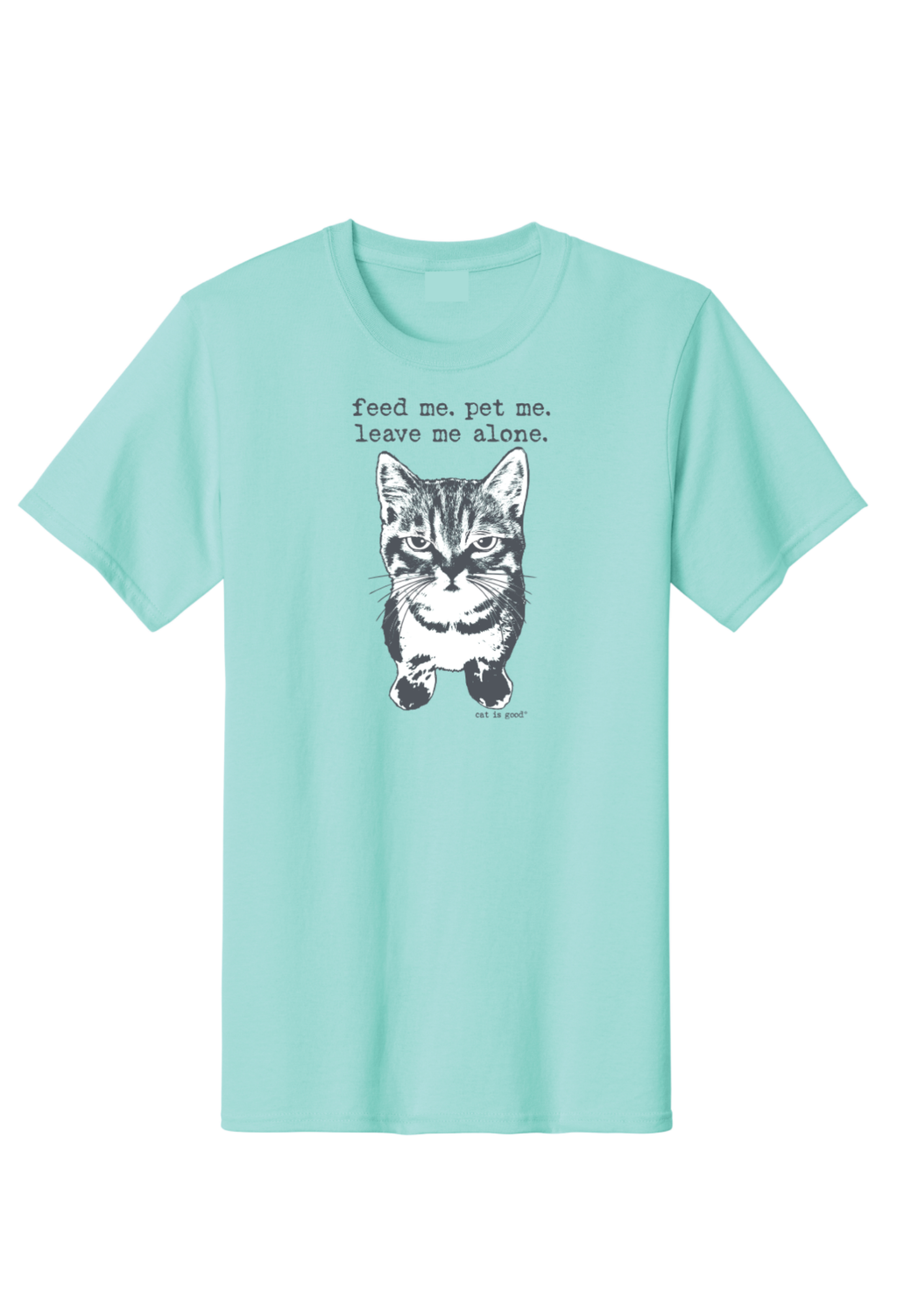 Mint green t-shirt with a cat graphic and text on a white background