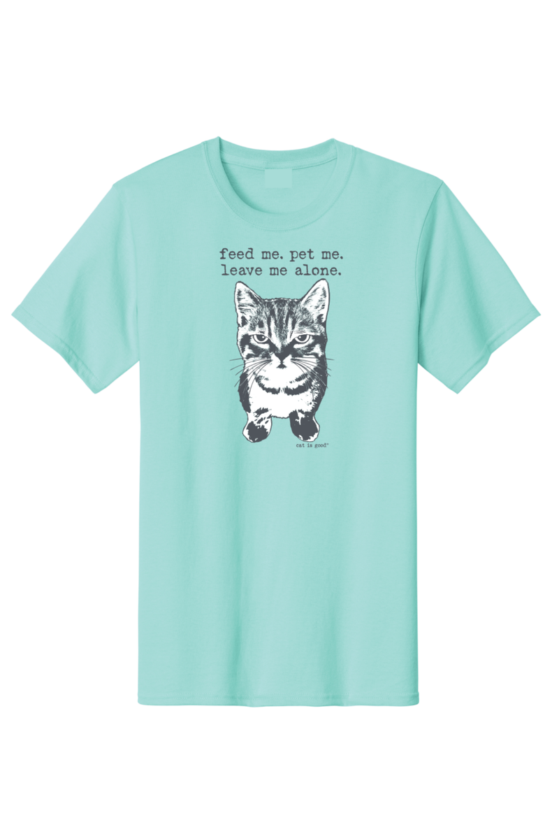 Mint green t-shirt with a cat graphic and text on a white background