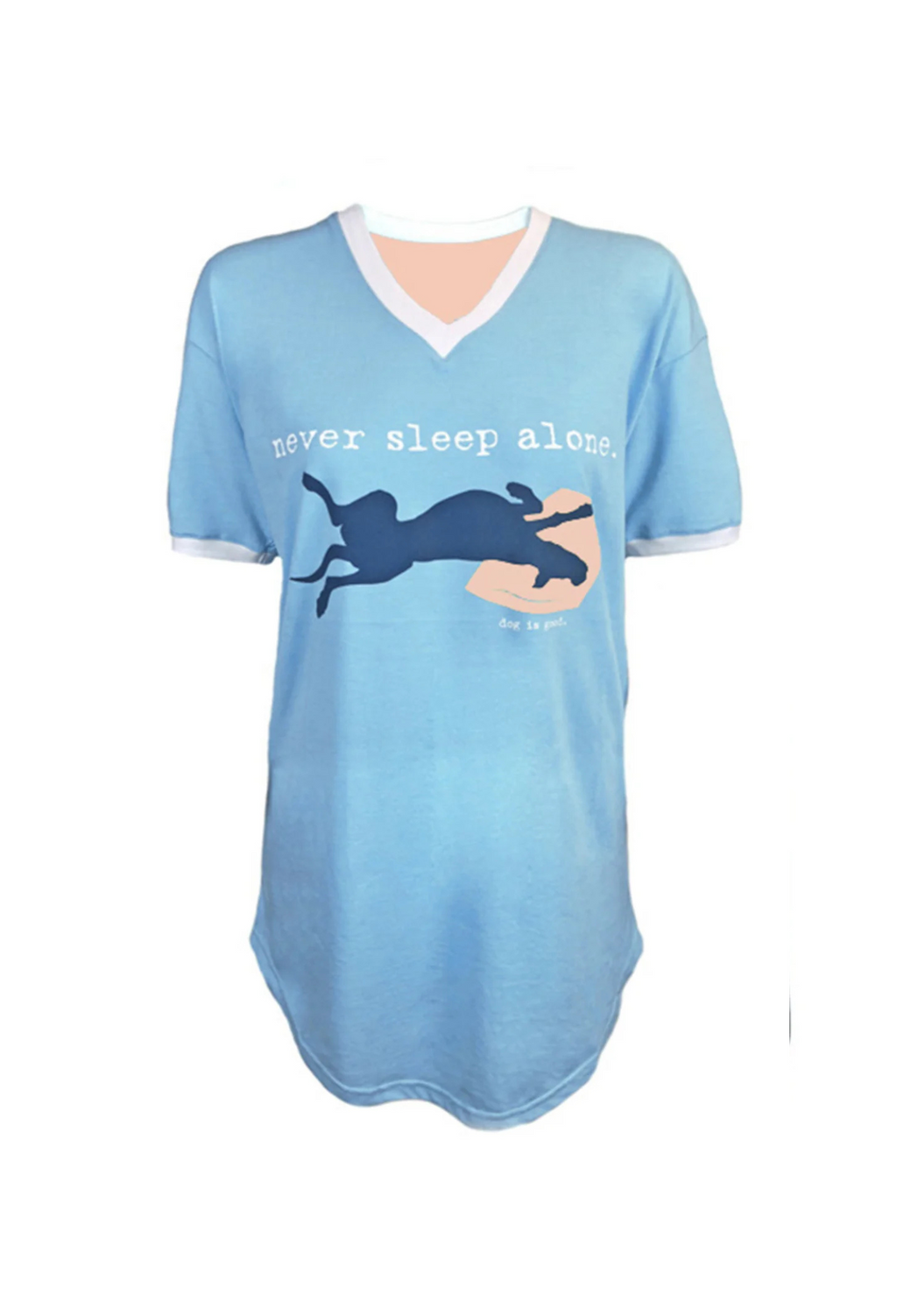 Light blue t-shirt with a graphic of a dog and text 'never sleep alone' on a white background