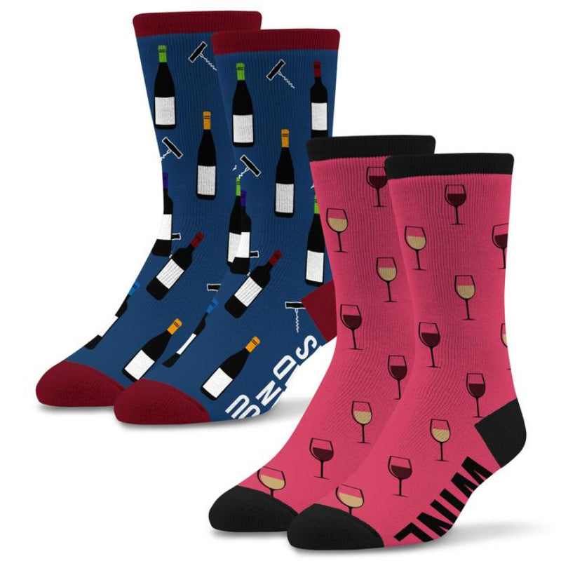 Socktastic Womens 2 pair Pack Wine Socks makes use of Wine Bottles and and Cork Screws, on Bring Wine Bottles Socks. The wines are Reds and Whites the Sock is made with a background of Steel Blue and the Cuffs, Heels and Toes are Madder Red. The Bottles are Black and White with Wrappers of Yellow, Green, Teal, and Madder.  The Wine Time Sock is started on a background of Salmon Pink. The Cuffs, Heels and Toes are Black.  Glasses are filled with Wine, both Red and White. 