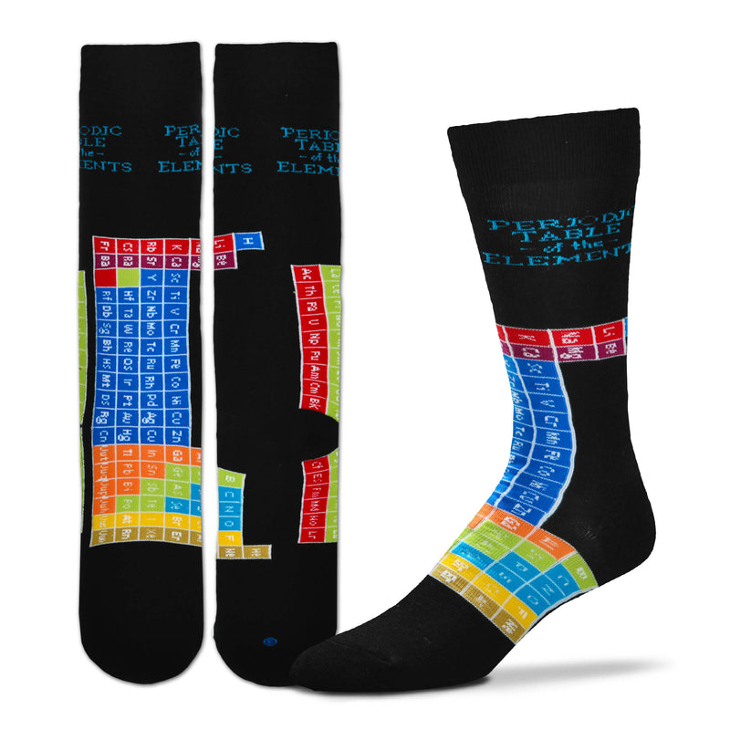 On a Black background the Periodic Table of the Elements are in Bright Colors on this Sock.  I