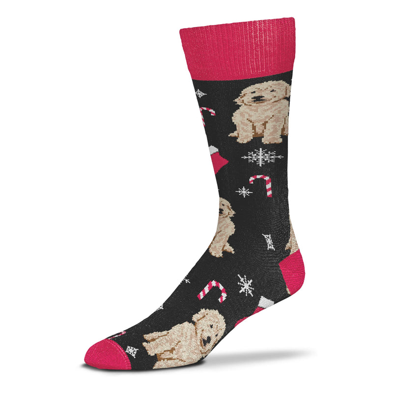 For Bare Feet Golden Doodle Holly Dog starts with a Black background with Red Cuffs, Heels and Toes. The Holiday decorations are Red and White with Black and then White. 