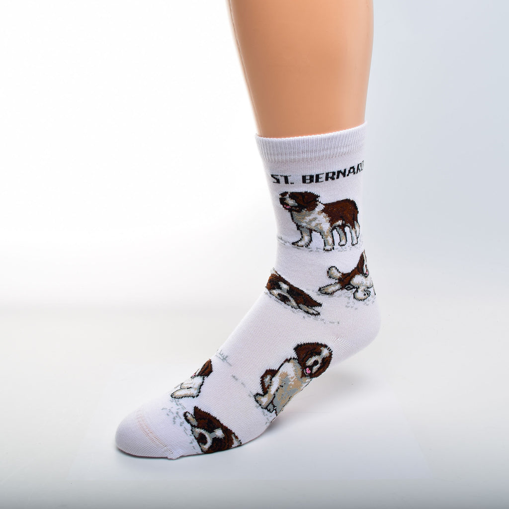 FBF St Bernard Poses Sock has St Bernard in Bold Black under the Cuff. Below are several Poses Standing, Sitting and Laying Down waiting for you.