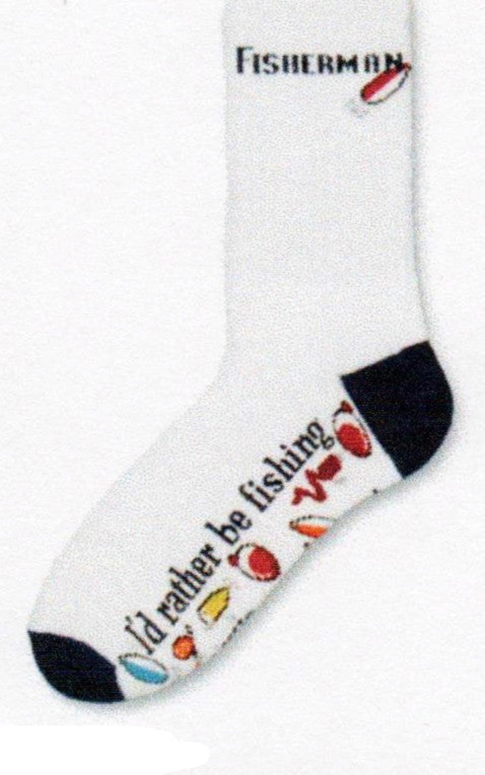 FBF Fisherman Sock starts on a Bright White background at the Top it says, "Fisherman" with a Lure attached. The Heels and Toes are Navy. In the middle in Navy reads, "I'd Rather Be Fishing". Under this are Brightly Colored Lures, Bobbers and Bait.