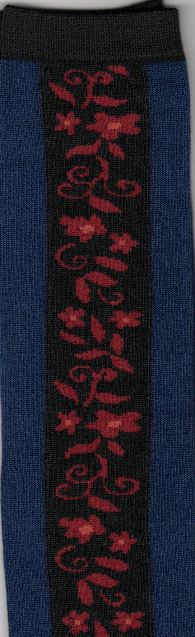 Blueprint Blue has a runner panel in the front which is black background and flowers leaves and vines are Biking Red and Burnt Orange.
