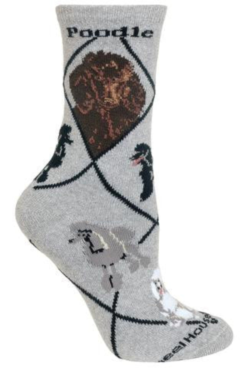 Wheel House Designs 4 Poodles Sock starts on a Grey background with Black Diamonds and the word "Poodles" on both sides of the sock. The Profiles both Frontal views of the Brown Poodles.  The poses come next with Black in a Standing and one is in a Show Stance. Next are two Grey Poodles one is left Natural and Standing the other is Cut for Showing and in a Stance. The last Poodle is White and is happily Sitting.
