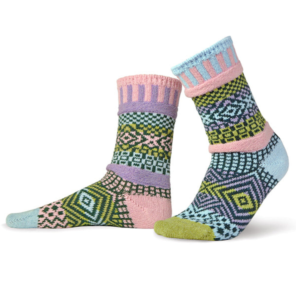 Solmate Adult Crew Lilac Sock are mismatched on purpose. The Colors for Lilac are Lilac, Purple, Pale Pink, Light Green, and Powder Blue.