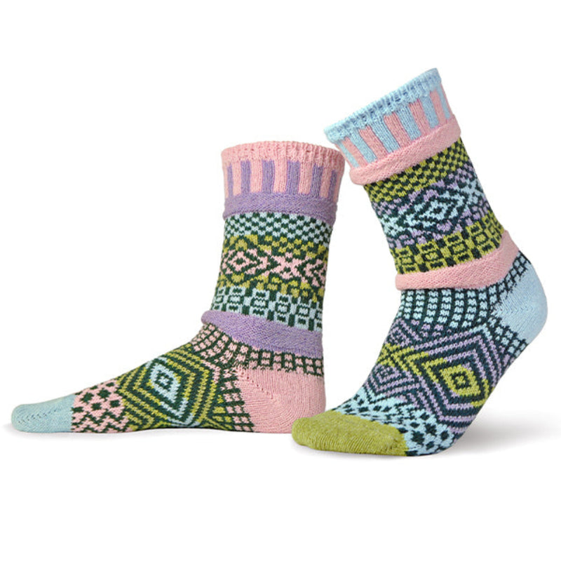 Solmate Adult Crew Lilac Sock are mismatched on purpose. The Colors for Lilac are Lilac, Purple, Pale Pink, Light Green, and Powder Blue.