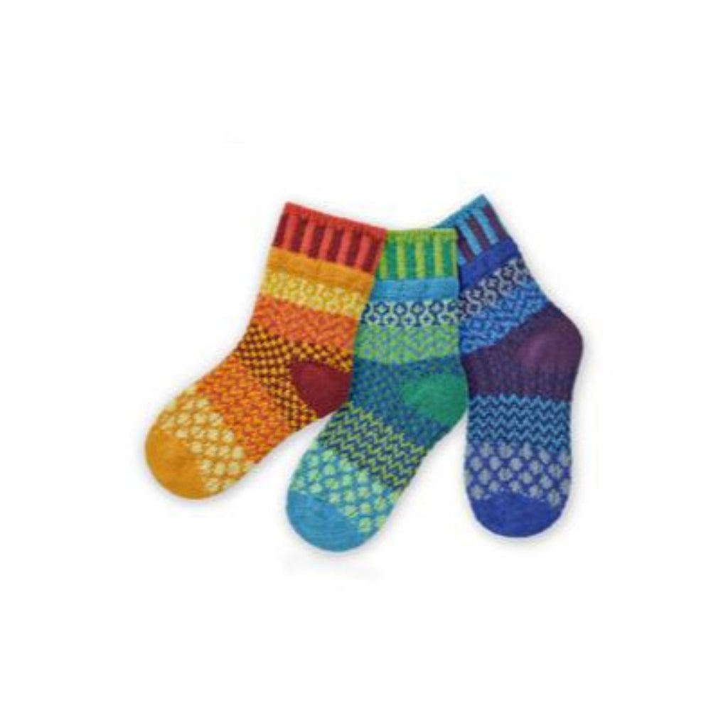 Solmate Kids Crew Prism Socks are One Pair and a Spare!  They are Mismatched for fun. The Colors are like the Rainbow Red, Orange, Yellow, Green, Blue, Violet, and Indigo.