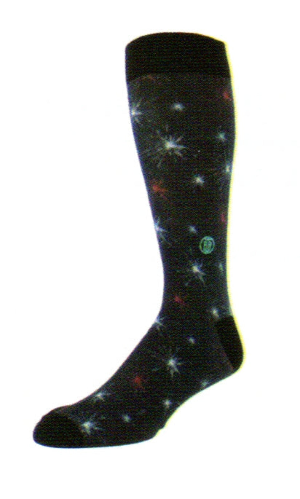 Tall Order The Bobby Sock has Black Cuffs, Heels and Toes. The background of the Sock is Navy. On this Sock in various Size and Colors are Fireworks. The are Red White and Blue.