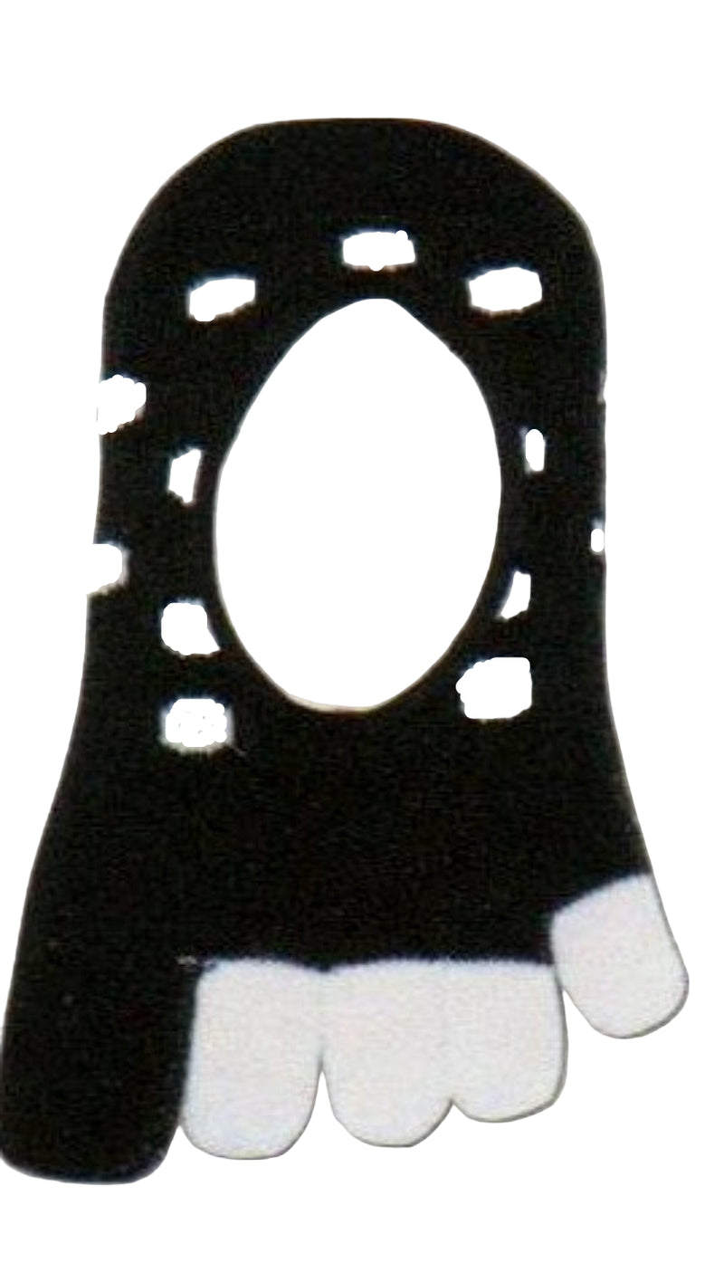 This K Bell Toe Sock Dots Footie is Black and White. The Toe Pockets are White except the Big Toe and Dots are White on a Black background. This is a No Show Style.