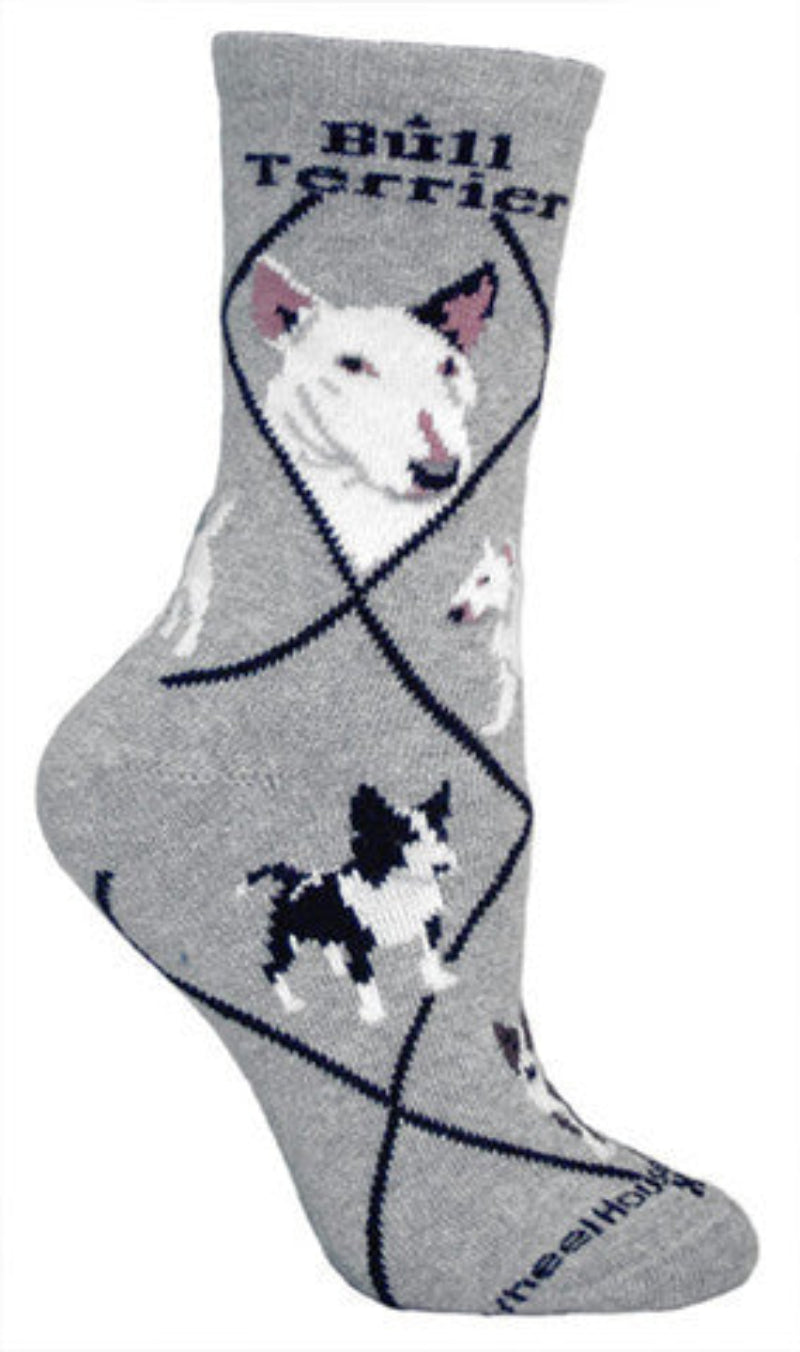 Both Profiles of the Bull Terrier are White with some Black and Grey for Eyes, Nose and Ears. The Poses show how the Bull Terrier is a happy dog and Wants to go everywhere the owner goes. Some have Black coloring.