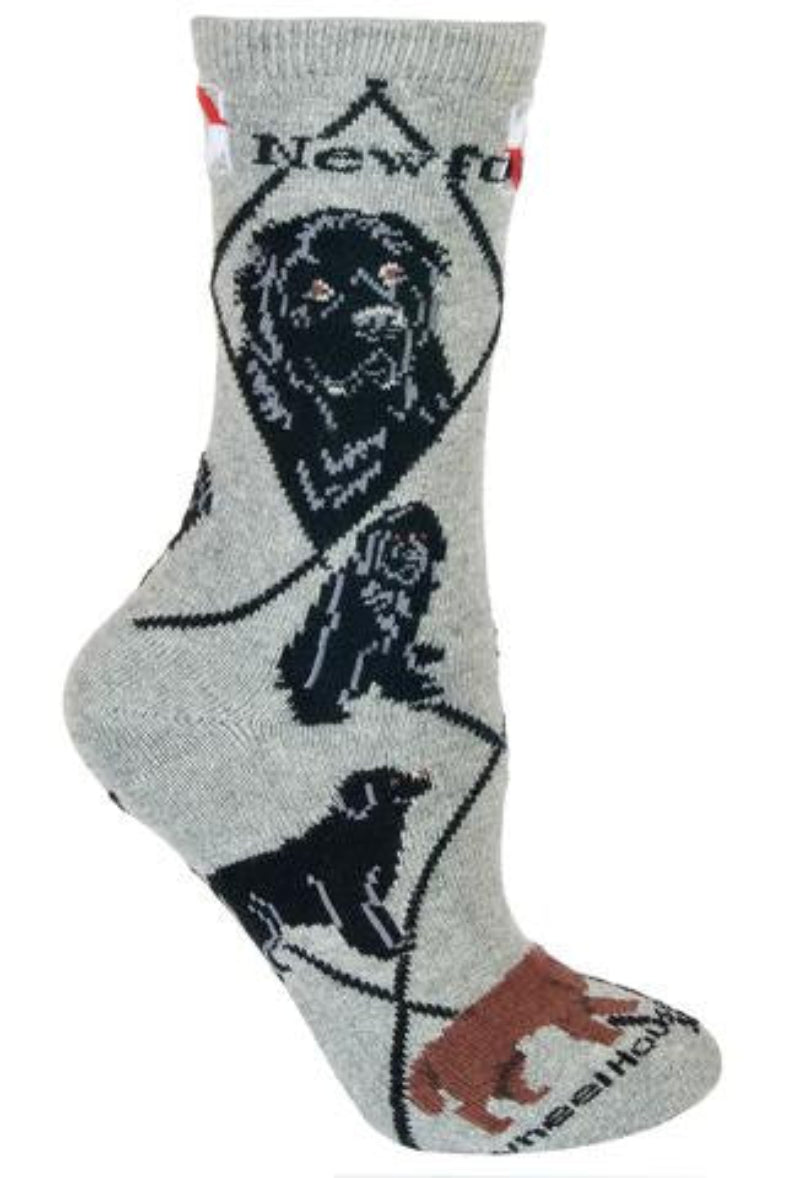The Wheel House Designs Newfoundland Sock starts on a Grey background with Black Diamonds all over. Newfoundland is in Black print under the cuff with two Red and White Life Preservers. The Profiles are in Black. The Poses are in Black, Black and White and Burnt Umber. 