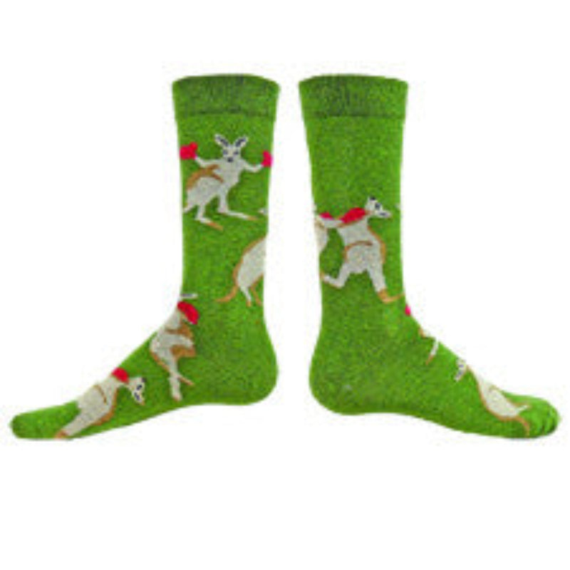 Wright Avenue Mens Boxer Sock is all about Kangaroo Boxers. On a background of Olive are Khaki and Brown Kangaroos wearing Red Boxing Gloves. This is a very well know symbol of Australia.